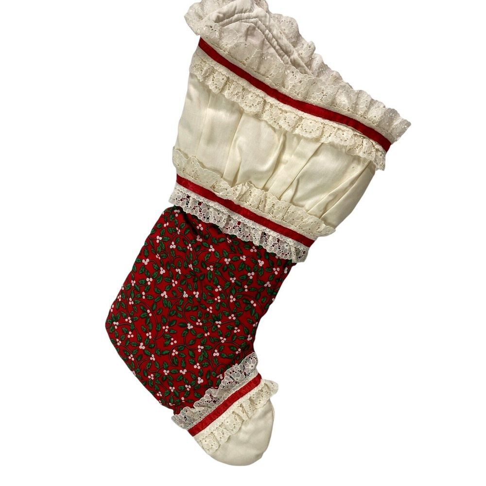 Vintage Christmas Stocking Red White Lace 19" Heel Unique Holly Handmade